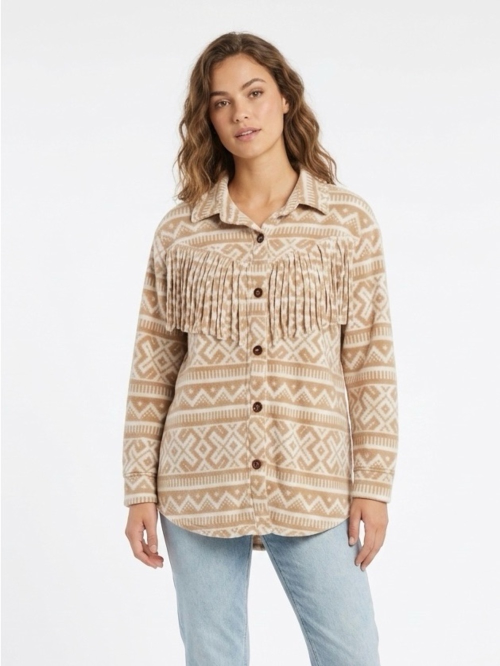 Inner Circle, Cozy Aztec Fleece Button-Up in Beige & Cream - L